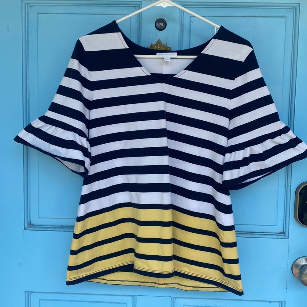 Charter Club Navy Striped Ruffle Top size M